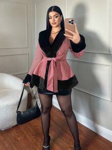 SHEIN SXY 女士千鸟格拼接毛领收腰修身夹克 - 紅色 - 查看 5
