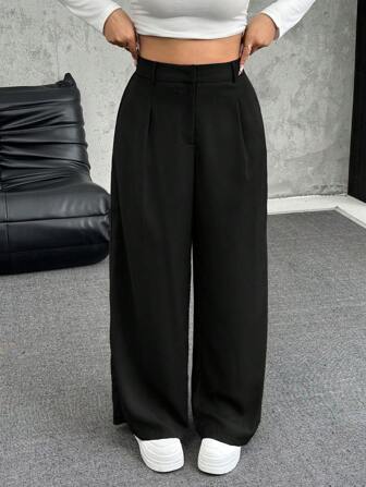 SHEIN EZwear Pantalones casuales sueltos de pierna ancha y plisados de unicolor talla grande, para otoño/invierno