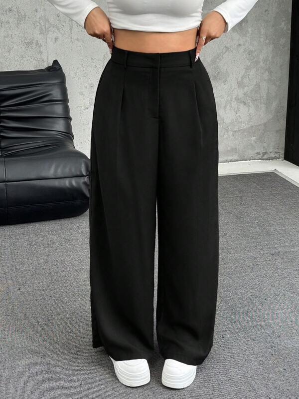 SHEIN EZwear Plus Size Solid Color Pleated Wide Leg Loose Casual Pants, Autumn/Winter