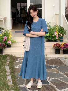 DAZY Đầm dài trơn thanh lịch dành cho nữ, thích hợp cho mùa xuân và mùa hè, kiểu đầm thường ngày. - Màu xanh lam - Xem 9