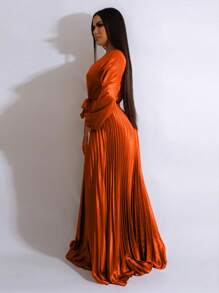 Women's Solid Color Pleated Hem Casual Dress, Simple & Fashionable For Everyday Wear Elegant Spring - 橘色 - 查看 5