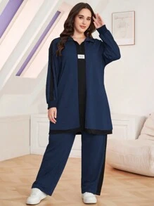 Mulvari Plus Size Solid Color Patchwork Front Zipper Long Sleeve Jacket & Pants 2 Pieces Set 2 Pieces Set Fall Cloth For Women