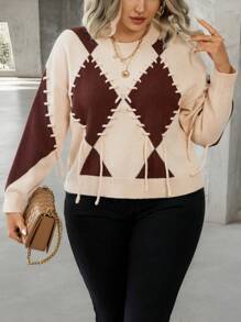 Calvaya Damen Pullover in Große Größen mit kontrastierendem Argyle-Muster, Rundhalsausschnitt, Strick, Herbst-Winter - Beige - Übersicht 6
