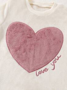 SHEIN Playful Pals 4 件套女孩休闲云朵和心形印花粉色毛绒长袖上衣和裤子家居服套装