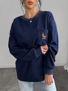 INAWLY Women's Long Sleeve Pocket Letter Embroidery Casual Sweatshirt Pullover Fall - Navy Blue - View 3