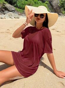 Swim Vcay 1pc Women's Solid Color Pullover Short Sleeve Casual Holiday Beach Cover-Up Summer