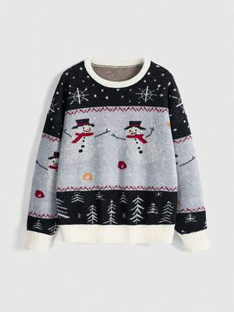 Fairycore Vintage Farbblock Schneemann & Geometrisches Muster Strickpullover, Herbst/Winter
