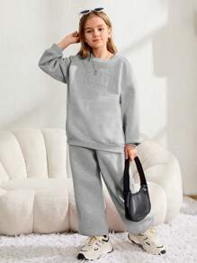 SHEIN Leap Crew 少女宽松休闲字母压纹拼接细节字母图案圆领套头卫衣和运动裤两件套 - 淺灰色 - 查看 6
