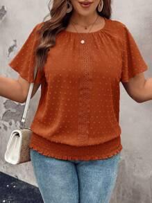 SHEIN LUNE Plus Size Ruffled Hem Elastic Cuff Short Sleeve Round Neck Pullover Top Short Sleeve Blouse Women Short Sleeve Tops Summer Tops Women Women Houses Green Blouse Women - Rust Brown - View 1