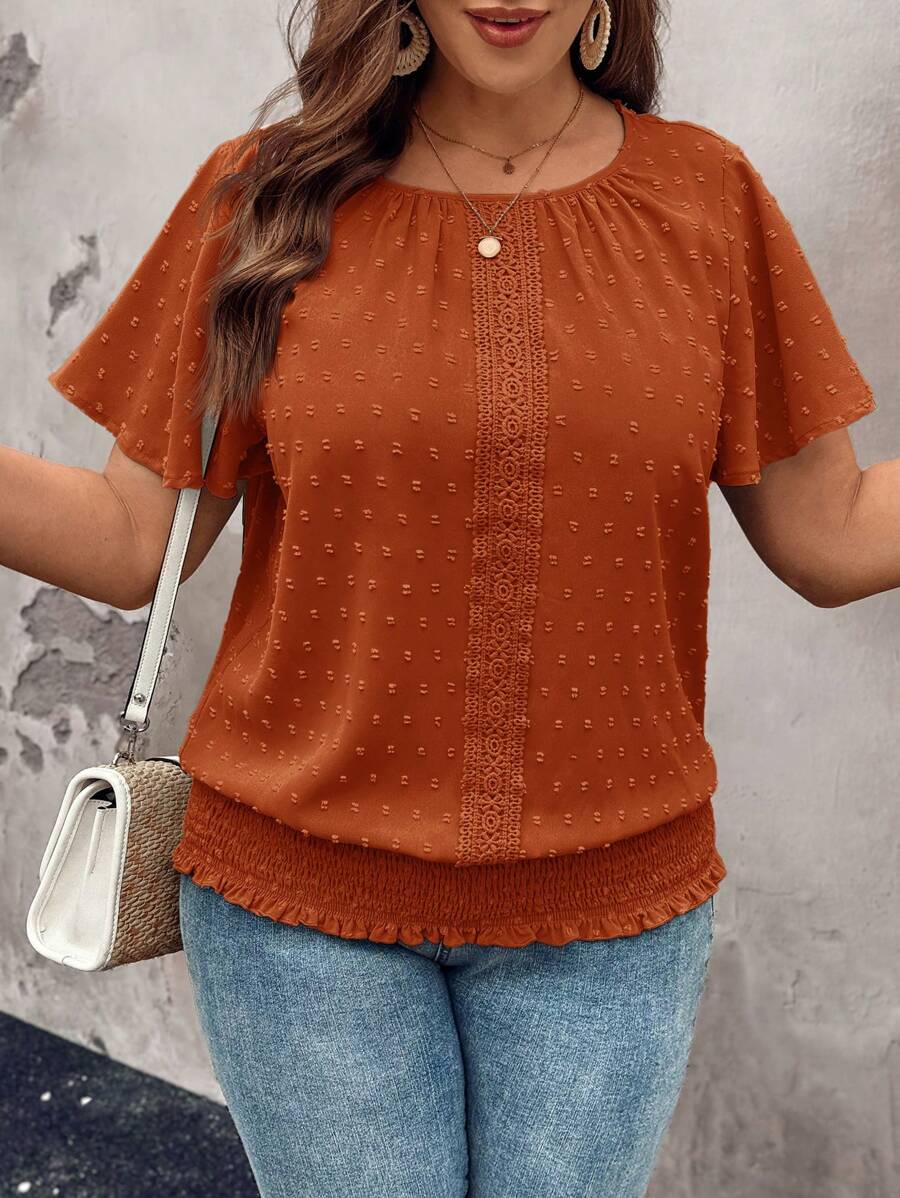SHEIN LUNE Plus Size Ruffled Hem Elastic Cuff Short Sleeve Round Neck Pullover Top Short Sleeve Blouse Women Short Sleeve Tops Summer Tops Women Women Houses Green Blouse Women - Rust Brown - View 1