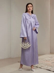 Al Najma Đầm Maxi Tay Loe Jacquard Màu Trơn Thanh Lịch Phong Cách Ả Rập Cho Nữ, Mùa Thu - Màu tím - Xem 7