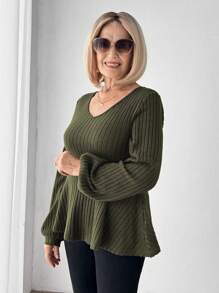 SHEIN LUNE Women's Solid V-Neck Long Sleeve Ribbed Casual T-Shirt For Autumn - Army Green - View 5