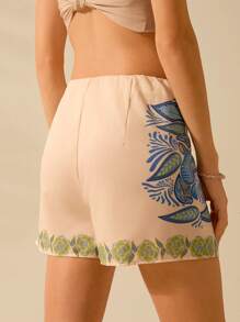 CAJUNI Damen Boho tropische Pflanzen Floral bunter Muster Shorts, lässige Sommer Strandshorts
