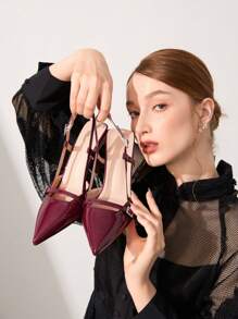 CUCCOO CHICEST 时尚女士高跟鞋，带仿珍珠和蝴蝶结装饰，舒适百搭，洛丽塔风格，情人节 - 酒紅色 - 查看 7