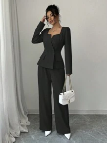 Selianne 女士纯色优雅长袖方领收腰短外套+高腰裤两件套，初秋