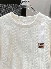 SHEIN Leap Crew 2pcs Teen Boys Casual Versatile Comfortable Warm Super Highly Attractive For Money Net Colour Textured Knit Leisure Printed Round Neck T-Shirt Shorts Suit;Suitable For Spring, Suitable For Spring/Summer Outing, Spring - White - View 3