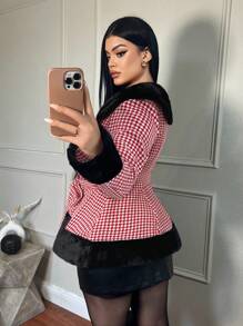 SHEIN SXY 女士千鸟格拼接毛领收腰修身夹克 - 紅色 - 查看 3