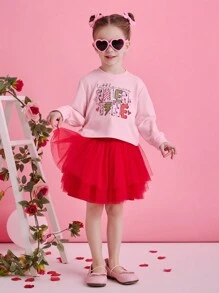 Glamorique Kids Girls Valentine's Day Pink Graphic Top Paired With Red Multi-Layer Tulle Dress
