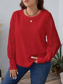 SHEIN LUNE 大码女式圆领撞色蕾丝长袖优雅上衣商务休闲女士派对服装节日装 - 紅色 - 查看 3
