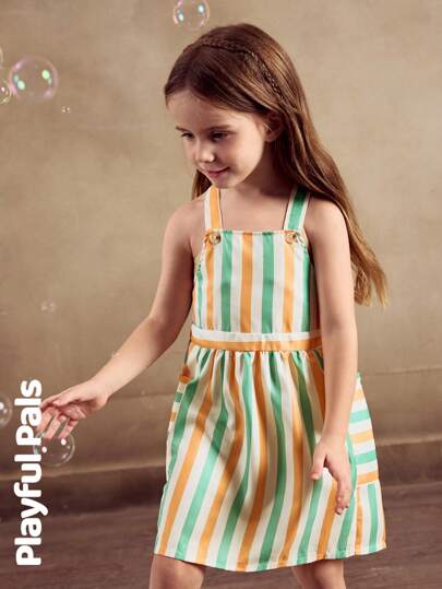 SHEIN 1pc Fashionable Girl Colorful Striped Sleeveless Casual Dress, Basic/Cute/Retro Styles Suitable For Summer, Outdoor Activities And Leisure