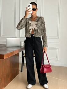 SHEIN Frenchy Women's Bowknot Leopard Print Casual Comfortable Shirt Winter Cheetah Black - Black - View 4