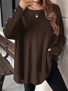 EMERY ROSE Plus Size Winter Loose-Fitting Sweater Pullover With Metal Button Design On Cuffs, Suitable For Going Out, Vacation, Workwear, And Home