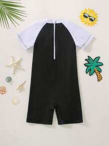 1pc Young Boy Contrast Color Zip-Up One-Piece Swimsuit, Spider Print Cartoon Pattern, Suitable For Beach, Surfing, Water Park, Swimming, Fashionable Streetwear - Black and White - View 2