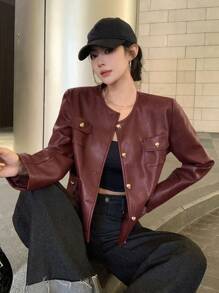 DAZY Chaqueta de PU de unicolor con botones delanteros, manga larga y bolsillo, estilo casual simple para mujer, ropa de otoño para la escuela - Burdeos - Ver 4