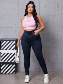 SHEIN EZwear Plus Size Casual High Waist Slim Fit Jeans - Dark Wash - View 4