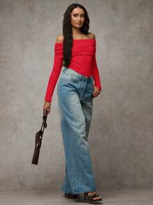SHEIN BAE Faux Cashmere Elegant Shoulder Off Shoulder Long Sleeve Slim-Fit Thermal Bodysuit, Casual For Everyday Wear,Fall Women Outfits,Winter Women Tops - Red - View 6