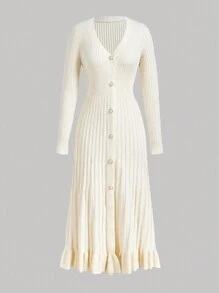 Firerie 女士深 V 领长袖纽扣合身褶皱优雅连衣裙 - 杏色 - 查看 2