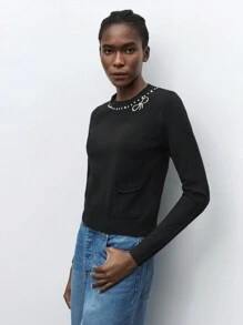 Maija Jersey de cuello redondo de manga larga con decoración de lazo de cristal elegante, de moda para fiestas y el Día de San Valentín, primavera dinero antiguo