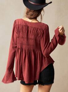 Bohemela Vacation Casual Solid Color Woven Cut-Out V-Neck Long Sleeve Blouse For Women Western Wear Women Festival Boho Hippie