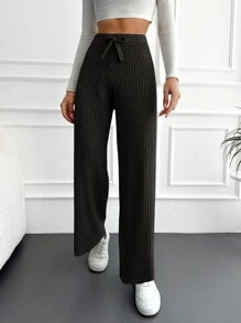 EURMUSE Cotton Solid Ribbed Knit Straight Leg Pants - Black - View 5