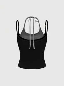 ROMWE Y2K 金属吊坠二合一细肩带背心 - 黑色 - 查看 2