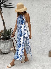 SHEIN VCAY 女士无袖花卉印花简约优雅连衣裙 - 藍白色 - 查看 4