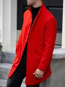 Manfinity CasualCool Men's Long Sleeve Casual Solid Color Stand Collar Overcoat, Autumn Fall Red Going Out Overcoat, For Friends, Husband, Boyfriend Gifts, Men Red Outerwear - Red - View 3