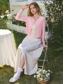 Sparklyn 2 件套青少年女孩开衫搭配花卉吊带背心裙，合身开衩下摆，休闲度假约会派对少女套装