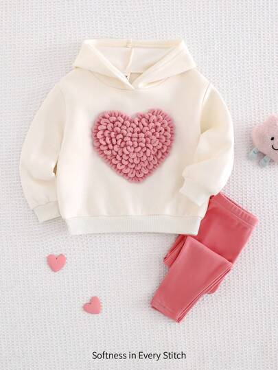 Cozy Pixies 2pcs/Set Baby Girl 3D Heart Hoodie Long Sleeve Sweatshirt And Elastic Waist Leggings Outfit