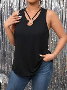 EMERY ROSE Camiseta sin mangas de mujer talla grande de cuello redondo, color negro sólido, con espalda cruzada y abertura - Negro - Ver 3