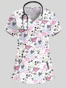 PopScrub Top de estampado de labios, flechas de amor y estrellas con cuello en V y manga corta, estilo de enfermera/médico, uniforme de examen/cirugía; Top de unicolor para peluquería de mascotas; Top de uniforme de nutricionista con múltiples bolsillos, blusa funcional de trabajo, prenda de mujer de moda, conjunto funcional de mujer para vacaciones, Día de San Valentín