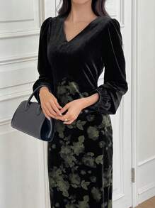 DAZY 女士中长款天鹅绒连衣裙，收腰设计，适合作为外套内的分层单品，秋季连衣裙长袖连衣裙 - 黑色 - 查看 2