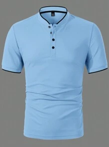 Manfinity Homme Men's Short Sleeve Solid Color Button Front Casual Polo Shirt - Blue - View 4