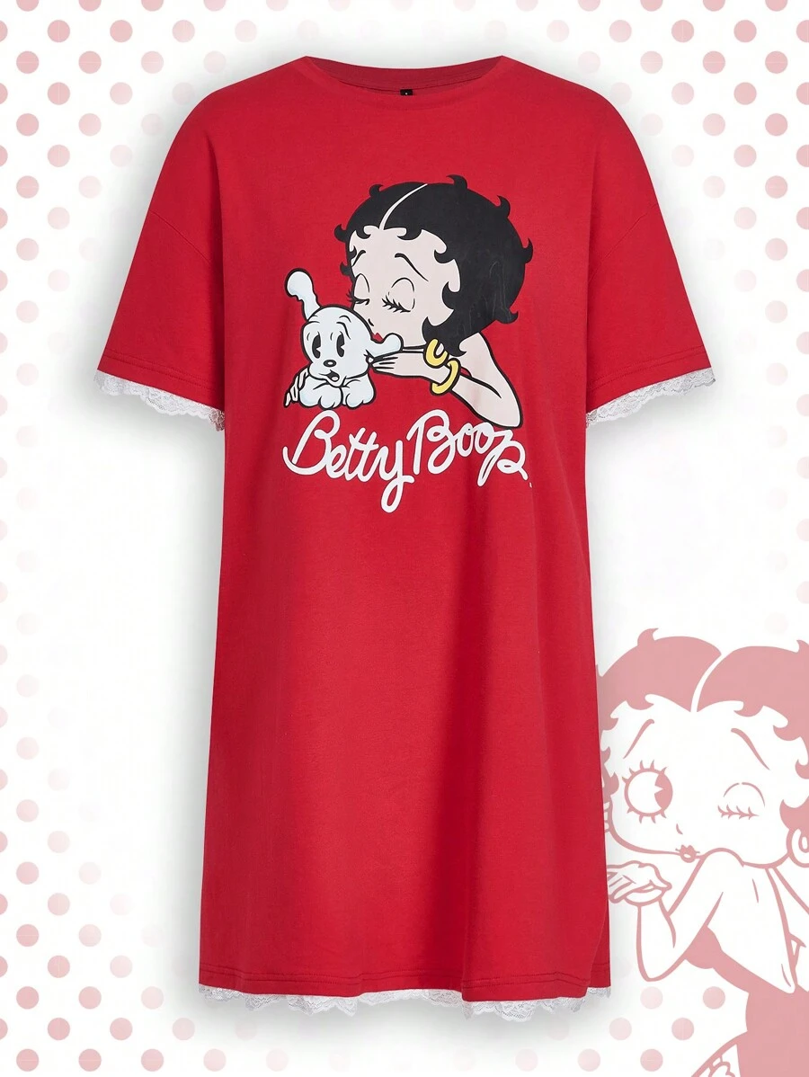 Betty Boop x SHEIN Women's Casual Cartoon Print Short Sleeve Nightgown, Summer, Moo Moo - Red - View 1