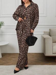 RueChic Plus Leopard Print Loose Shirt + Wide Leg Pants Two-Piece Set - Multicolor - View 1