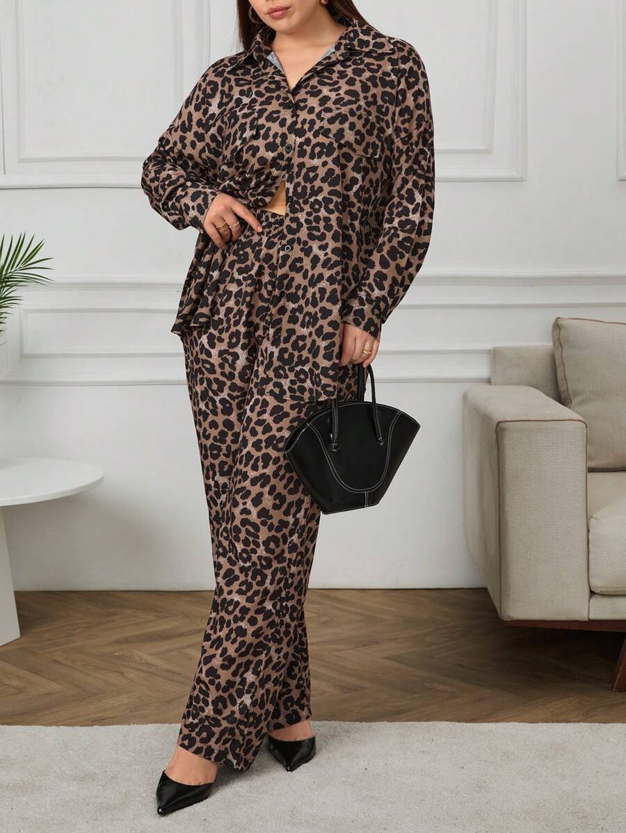 RueChic Plus Leopard Print Loose Shirt + Wide Leg Pants Two-Piece Set - Multicolor - View 1