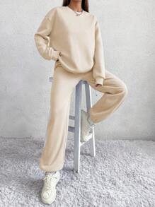 SHEIN Unity 2pcs Solid Color Crew Neck Sweatshirt And Sweatpants Set, Long Sleeve Top And Pants - Apricot - View 4