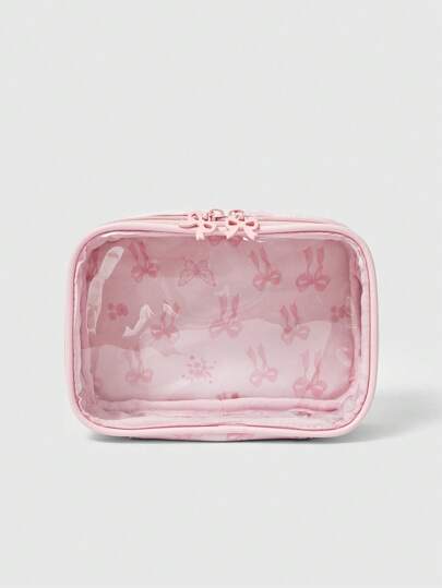 Kawaii Cute Butterfly Print Transparent Splicing Makeup Bag, Square Portable Toiletry Organizer Bag, Item NO. 1085369
