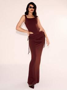 MUSERA 褶皱收腰修身长裙，优雅性感，适合夏季和圣诞派对 - 咖啡棕 - 查看 1