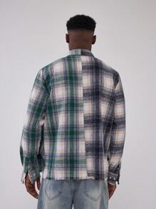 Musero Áo sơ mi flannel tay dài, dáng rộng, phối hai tông màu tương phản, cổ cài cúc, chất liệu flannel, thích hợp cho mùa xuân hè. - Nhiều màu - Xem 3